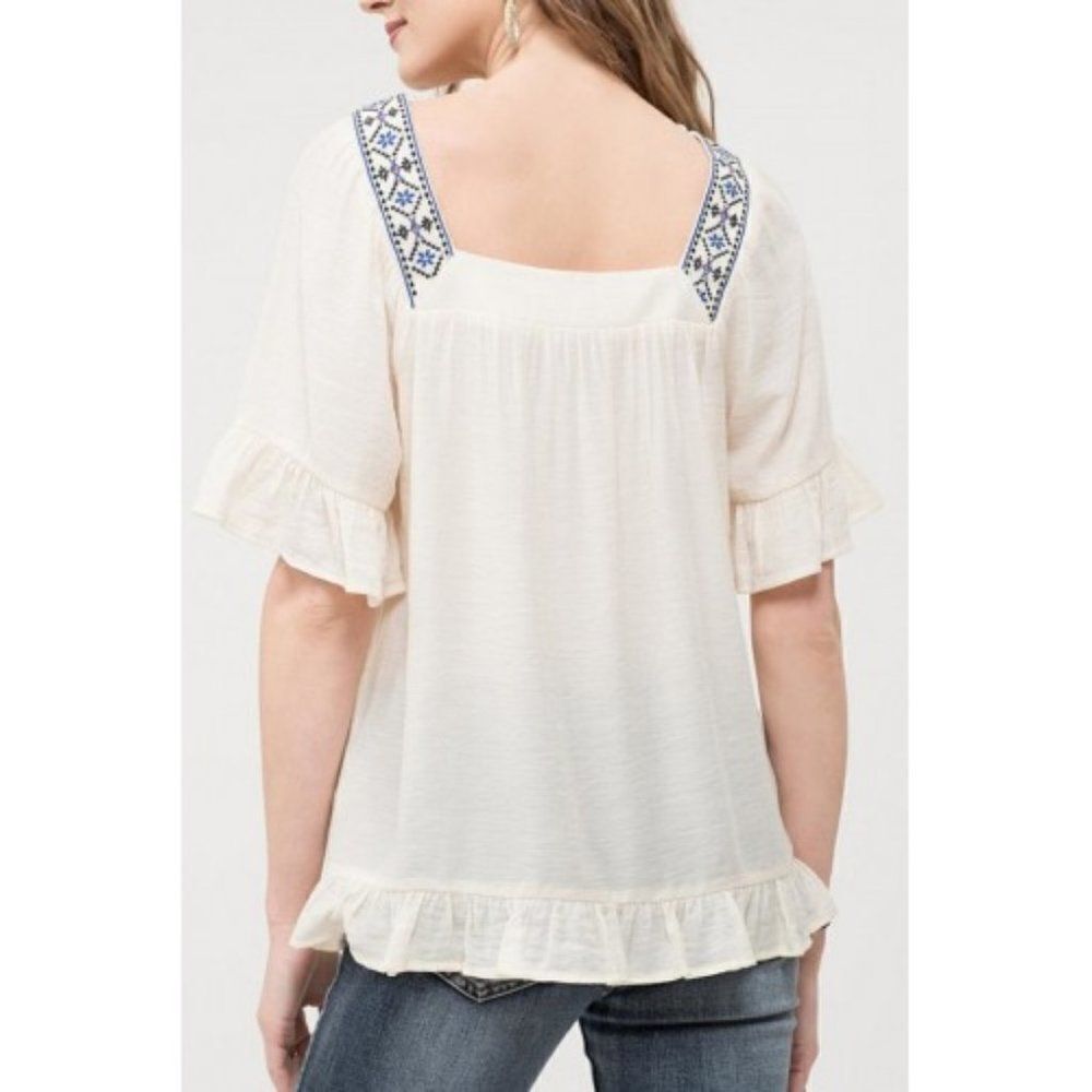 Blu Pepper Embroidered Ruffle Trim Blouse #044 - Picture 4 of 11